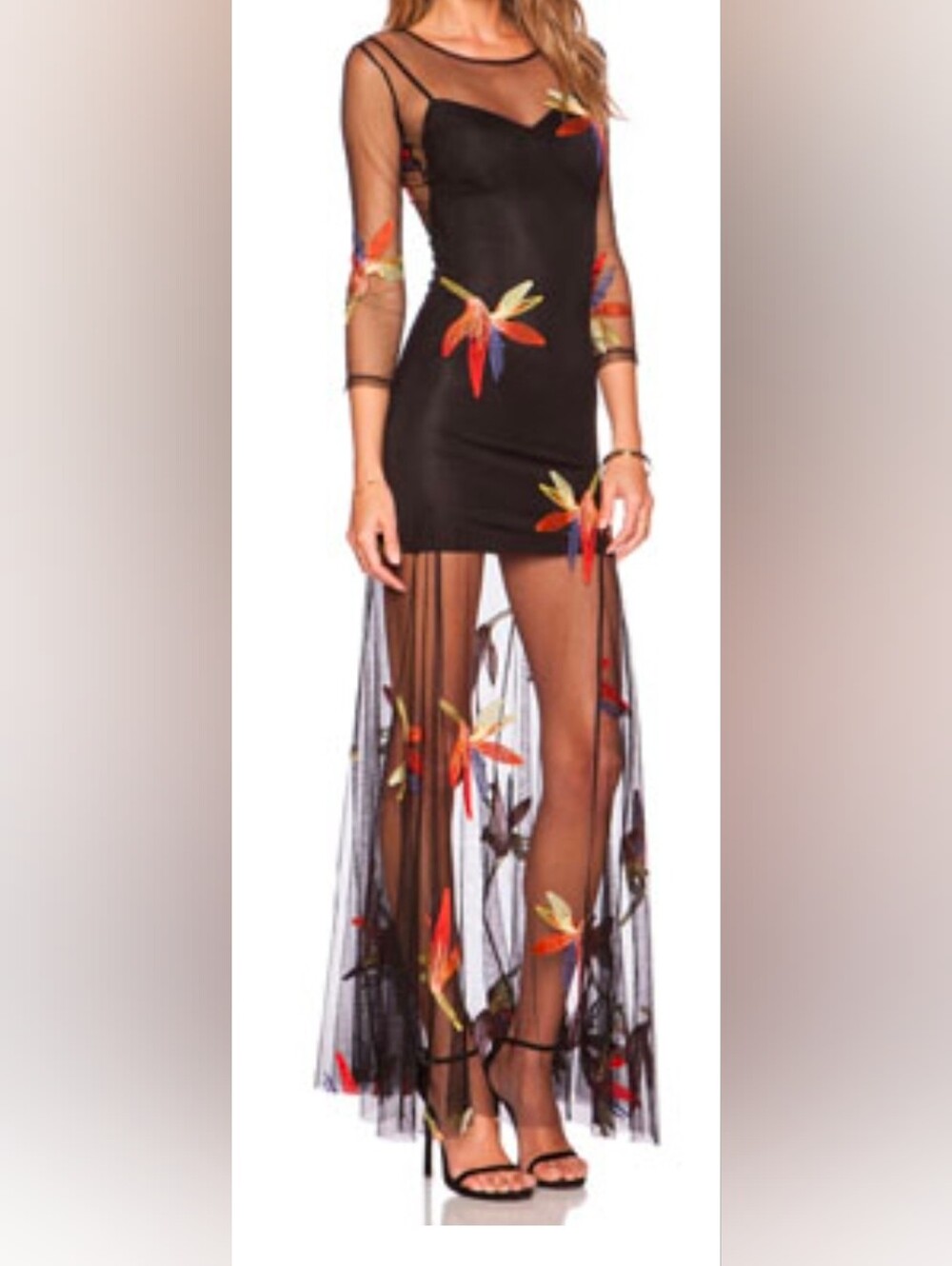 For Love of Lemons Black Sheer Maxi Dress with Red and Yellow Floral Appliqués